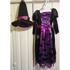 Purple Velvet Bat Witch Costume Girls 4-6 Spiderweb Spider Dress Hat